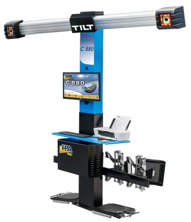 C 880 tridimensional (TILT, 2 moving electronic cameras) The equipment includes:1  Column1  Worktop for keyboard and printer1  PC Holder/Case for protected housing2  Front targets including 11”-21” holder/clamp (+ adapter-extension set up to 25”, with