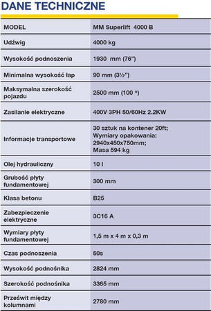 MM Superlift 4000B 230V- podnośnik 2-kolumnowy z połączeniem na posadzce o udźwigu 4000kg. W cenę wliczony transport i montaż podnośnika u klienta